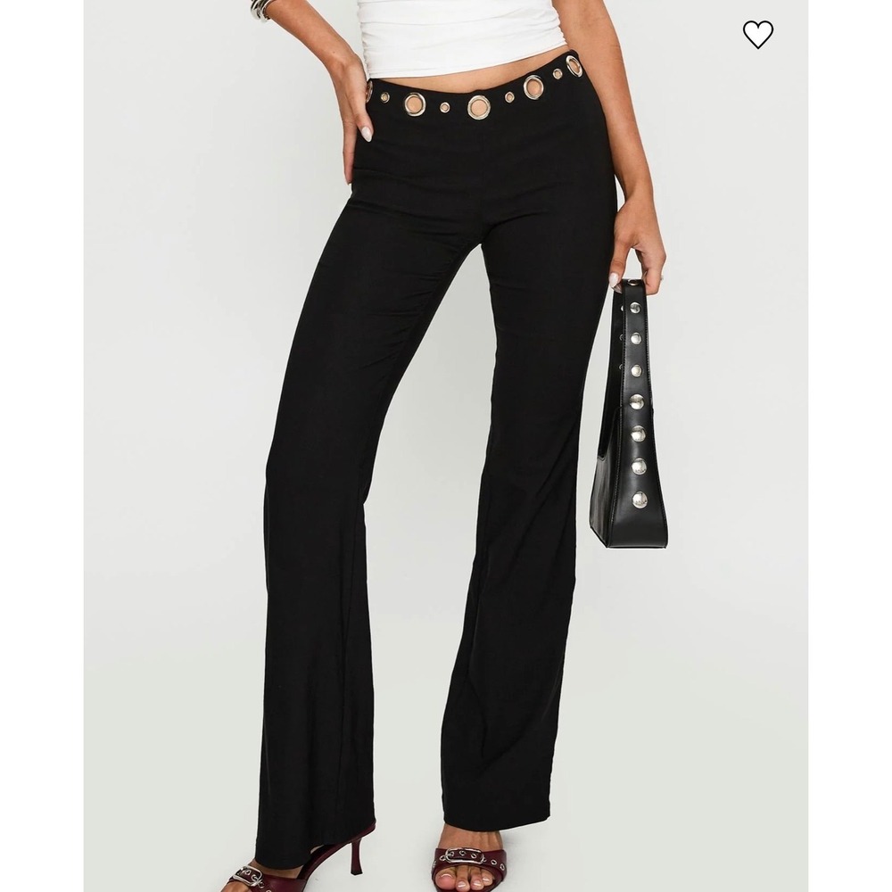 Princess Polly Black Low Rise Flare Pants Grommet Eyelet Detail Size 8 Y2K Edgy